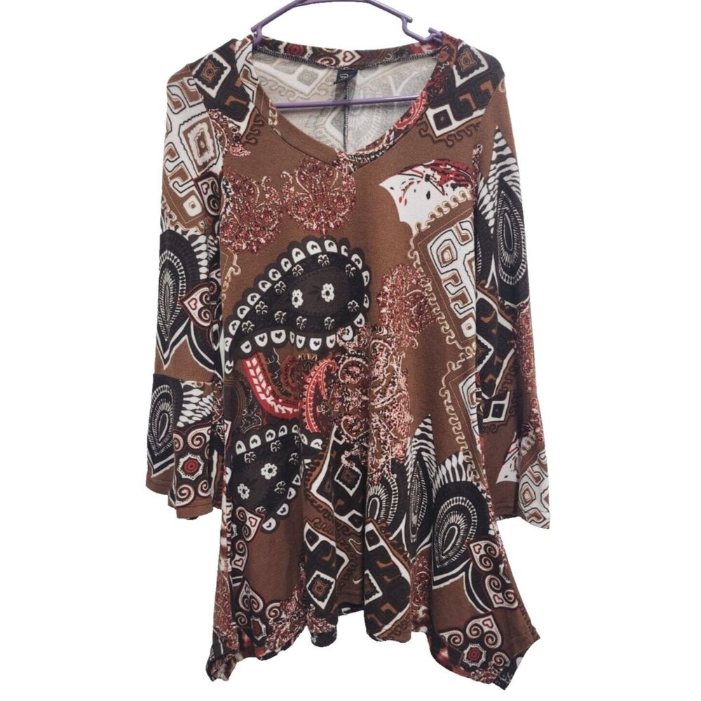 WinWin Womens BOHO Cottage Tunic Top Small Medium Brown Paisley Knit Bell Sleeve